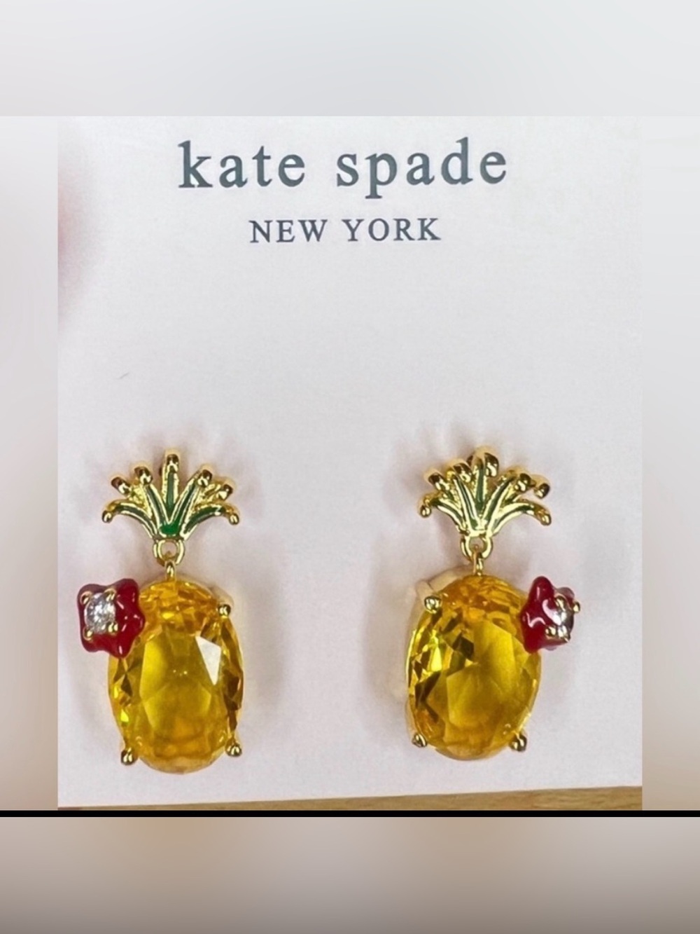 Kate Spade Pineapple Stud Earrings Yellow & Red flower‎ accents NEW